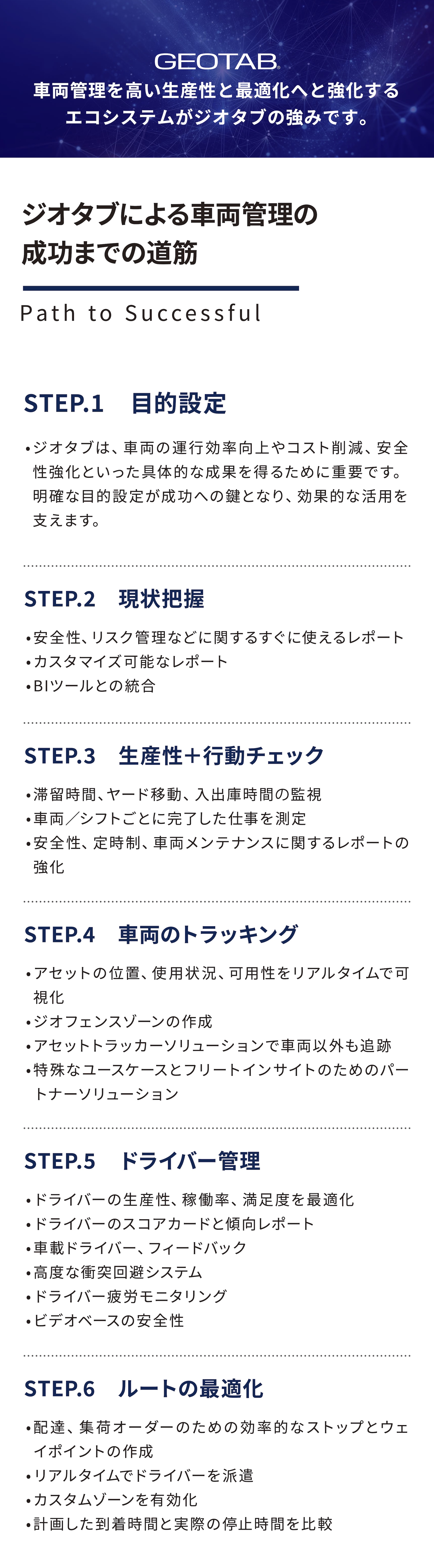 ジオタブによる車両管理の成功までのステップをご紹介します。